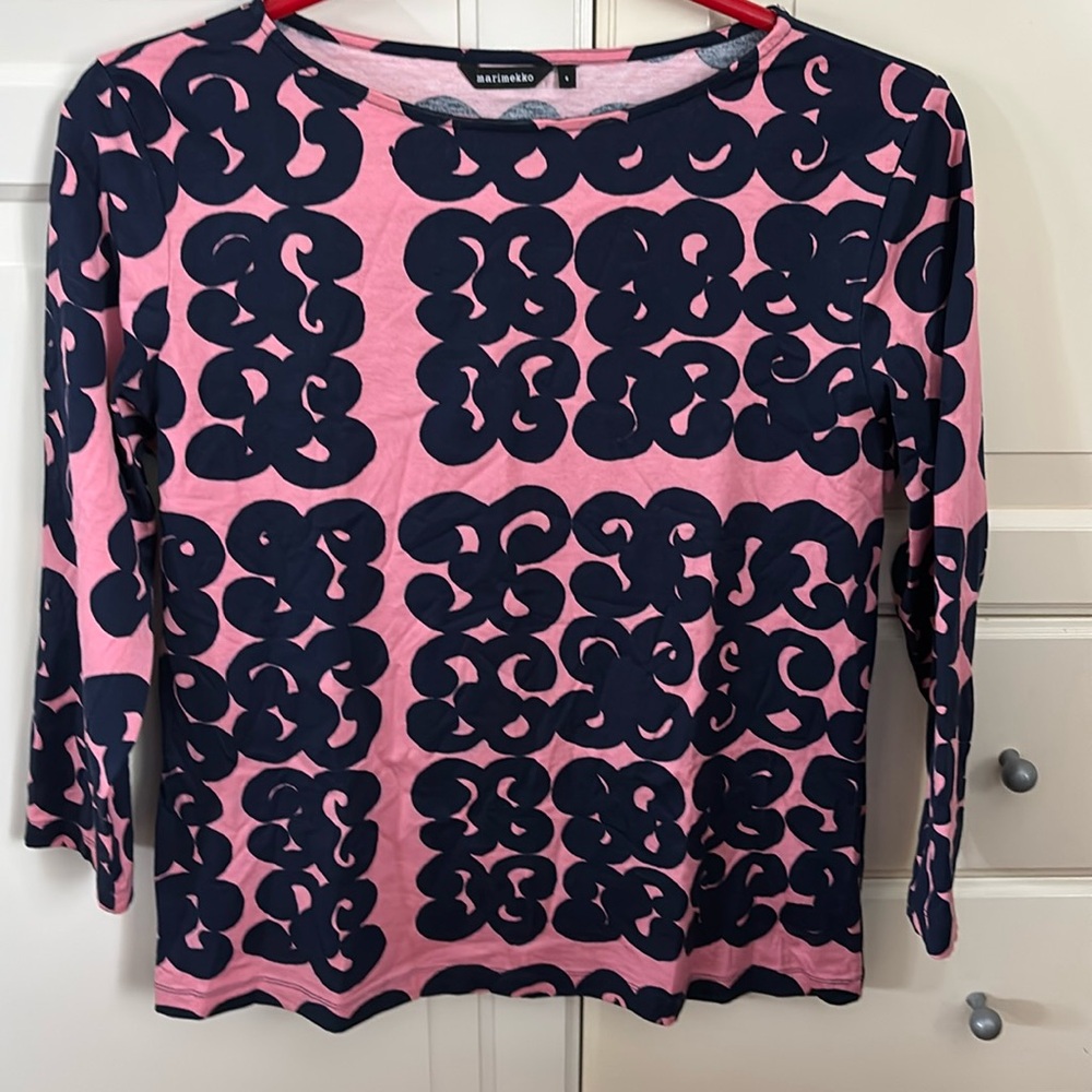 Marimekko Womens Artsy Ilma Tarha Printed Cotton Jersey 3/4 Sleeve Top Size S